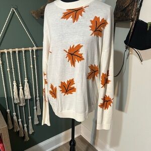 NWT LOFT Ivory Sweater with Burnt Orange Leaf Design Cozy Size Small